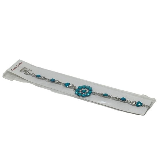 Charming Charlie Bracelet - Faux Turquoise Stones & Rhinestones - 7.5 Inches - Picture 2 of 6
